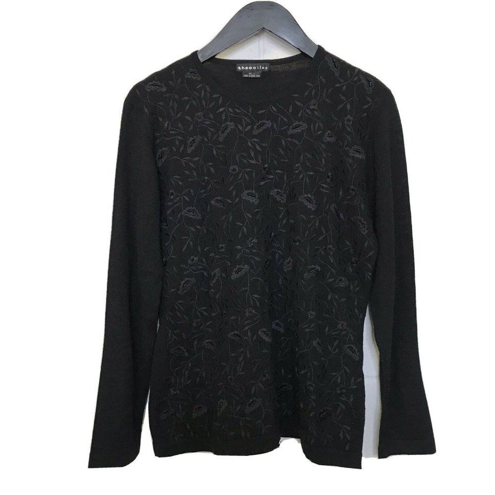 Theo Miles Womens Sweater Black Pull Over Round Neck Embroidered Beaded Sz Large